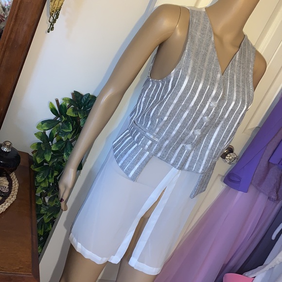 Vtg 90s y2k sleeveless grey white stripe sheer chiffon vest tunic top M - Picture 7 of 16